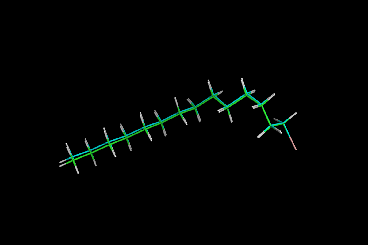 Superposition of QM optimised (green) and MM energy minimised (cyan) structures.<br>Click to toggle size.