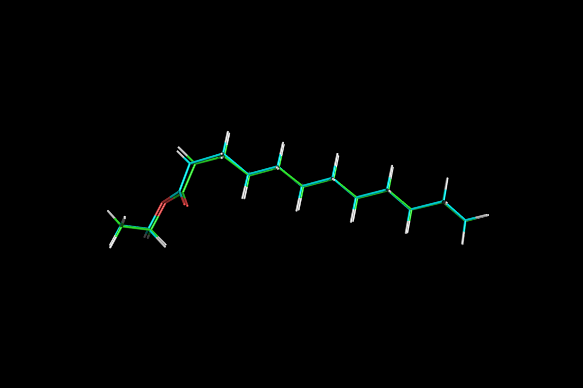 Superposition of QM optimised (green) and MM energy minimised (cyan) structures.<br>Click to toggle size.