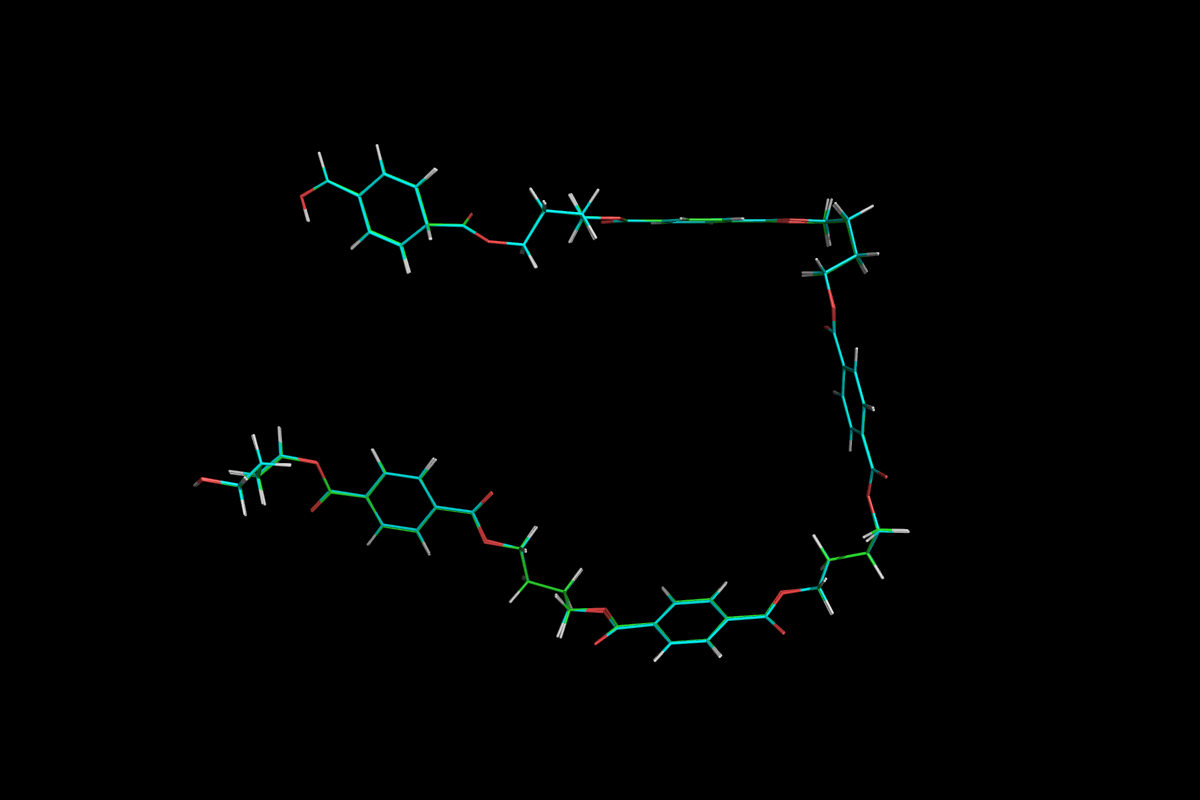 Superposition of QM optimised (green) and MM energy minimised (cyan) structures.<br>Click to toggle size.