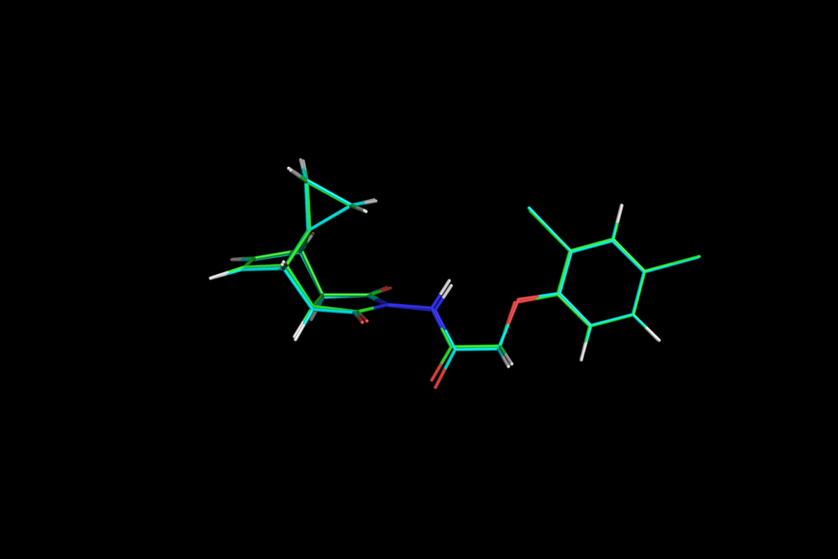 Superposition of QM optimised (green) and MM energy minimised (cyan) structures.<br>Click to toggle size.