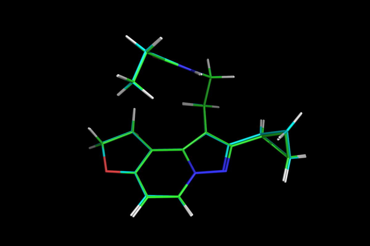 Superposition of QM optimised (green) and MM energy minimised (cyan) structures.<br>Click to toggle size.