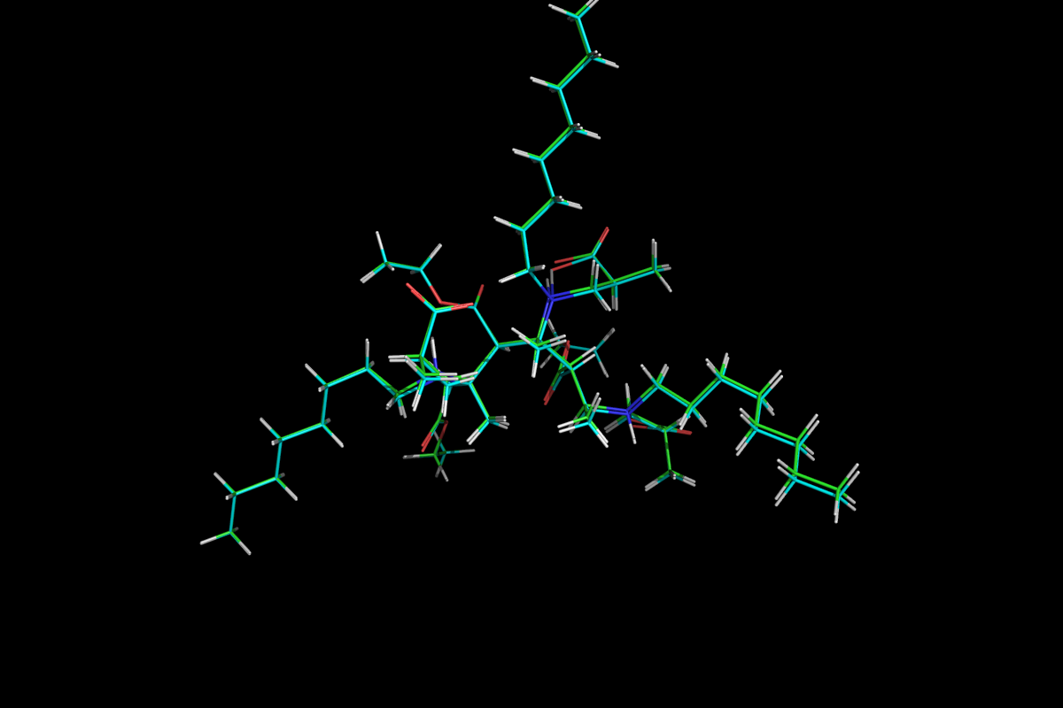 Superposition of QM optimised (green) and MM energy minimised (cyan) structures.<br>Click to toggle size.