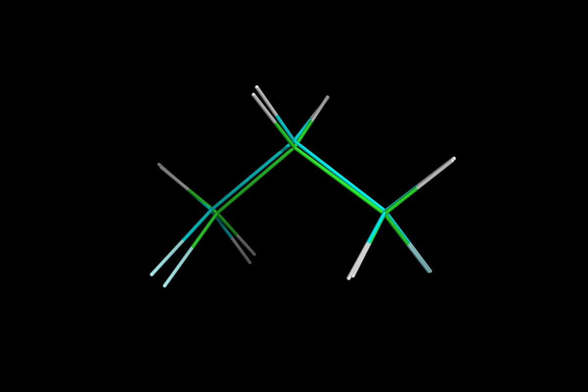 Superposition of QM optimised (green) and MM energy minimised (cyan) structures.<br>Click to toggle size.