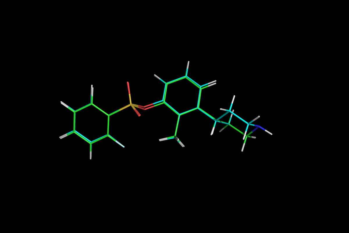 Superposition of QM optimised (green) and MM energy minimised (cyan) structures.<br>Click to toggle size.