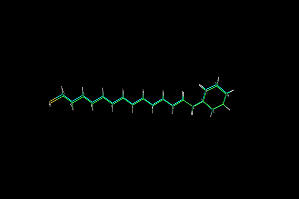 Superposition of QM optimised (green) and MM energy minimised (cyan) structures.<br>Click to toggle size.