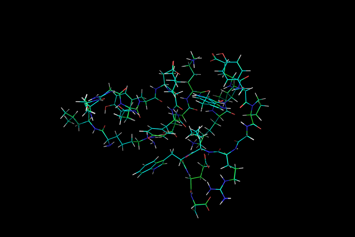 Superposition of QM optimised (green) and MM energy minimised (cyan) structures.<br>Click to toggle size.