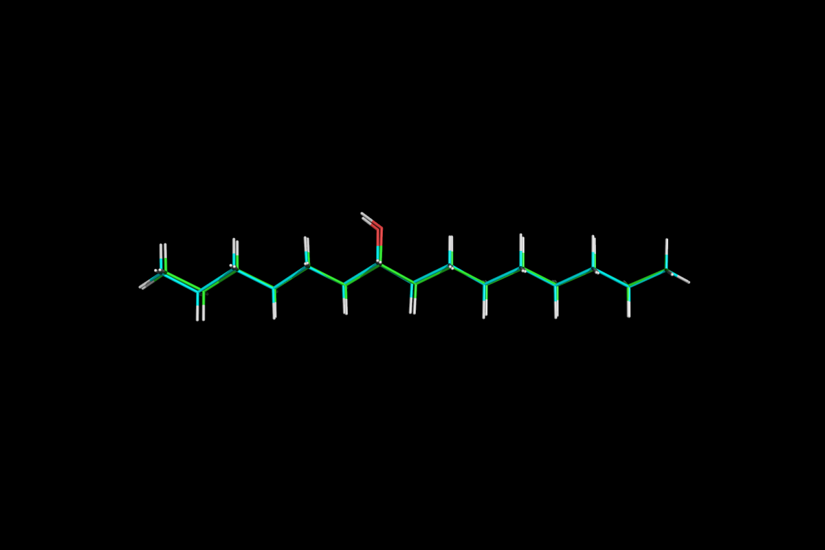 Superposition of QM optimised (green) and MM energy minimised (cyan) structures.<br>Click to toggle size.