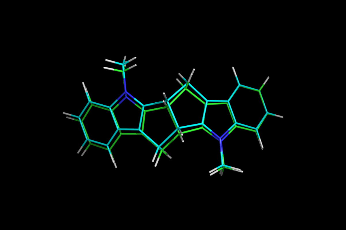 Superposition of QM optimised (green) and MM energy minimised (cyan) structures.<br>Click to toggle size.