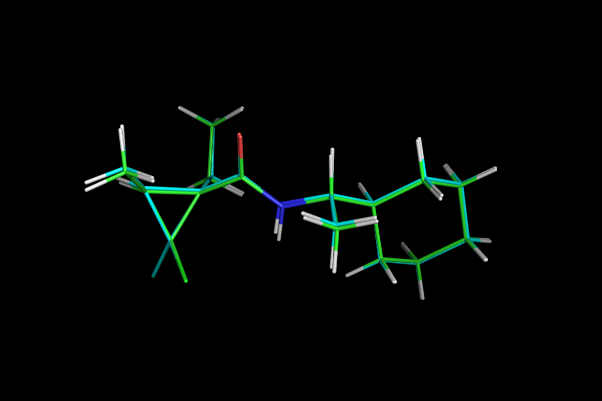 Superposition of QM optimised (green) and MM energy minimised (cyan) structures.<br>Click to toggle size.