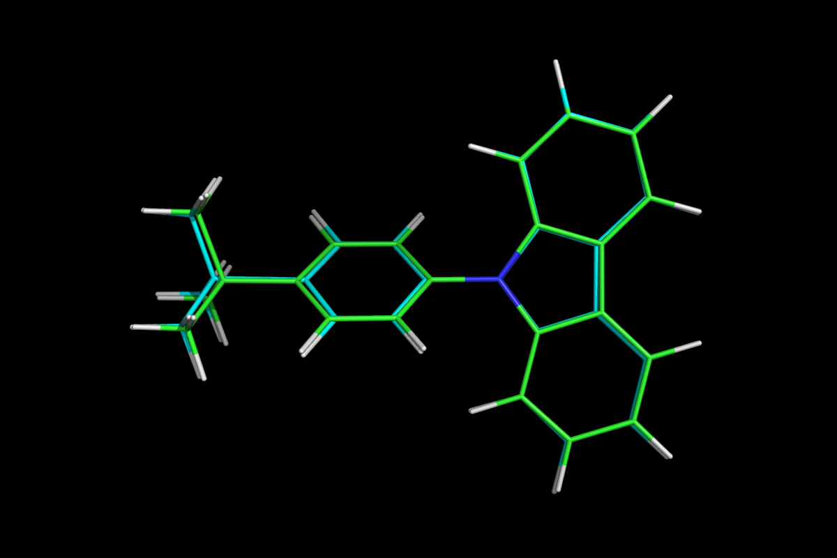 Superposition of QM optimised (green) and MM energy minimised (cyan) structures.<br>Click to toggle size.