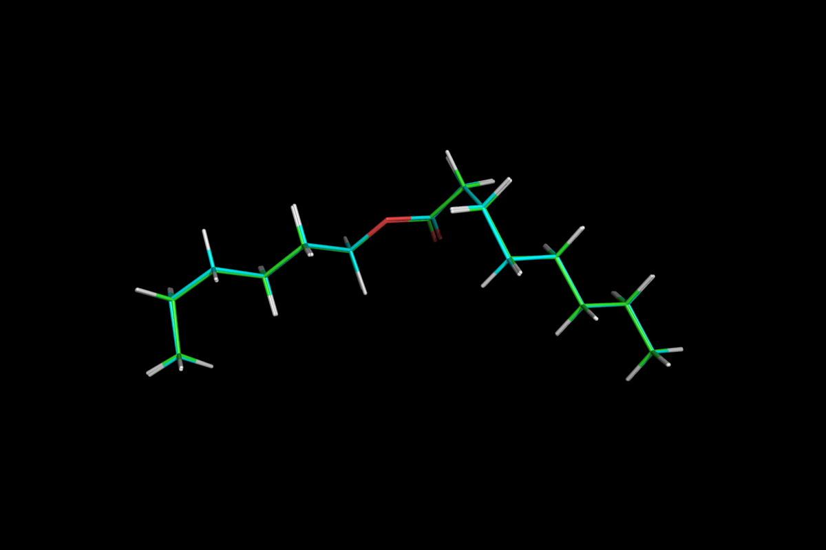 Superposition of QM optimised (green) and MM energy minimised (cyan) structures.<br>Click to toggle size.