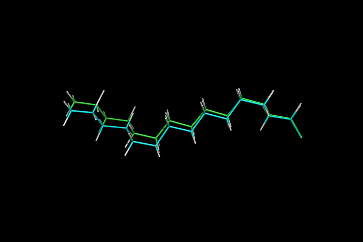 Superposition of QM optimised (green) and MM energy minimised (cyan) structures.<br>Click to toggle size.