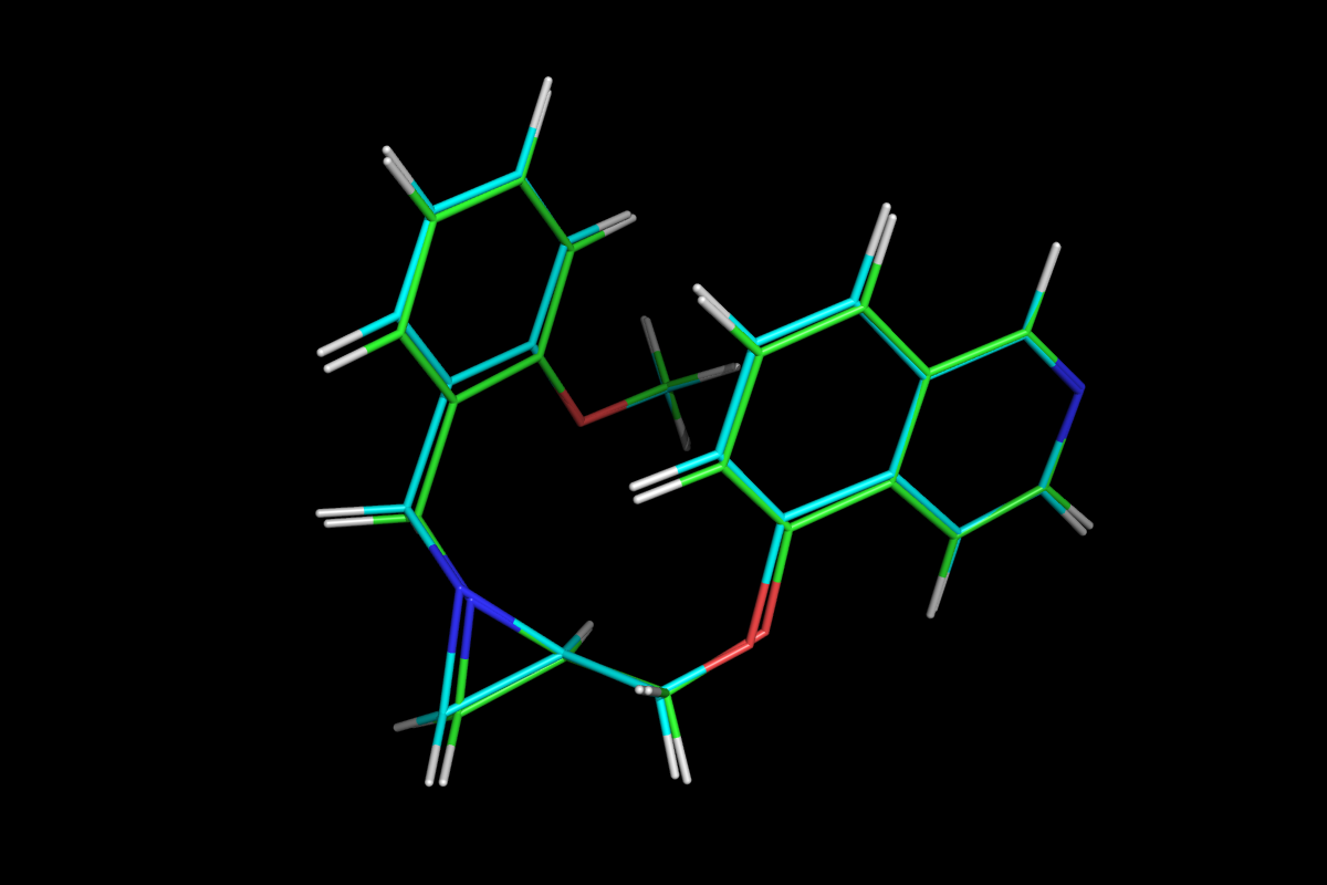 Superposition of QM optimised (green) and MM energy minimised (cyan) structures.<br>Click to toggle size.
