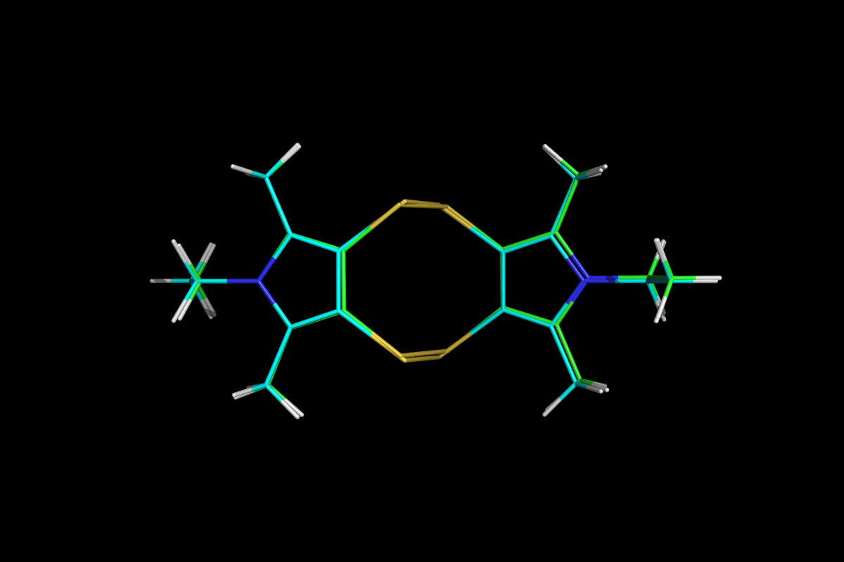Superposition of QM optimised (green) and MM energy minimised (cyan) structures.<br>Click to toggle size.