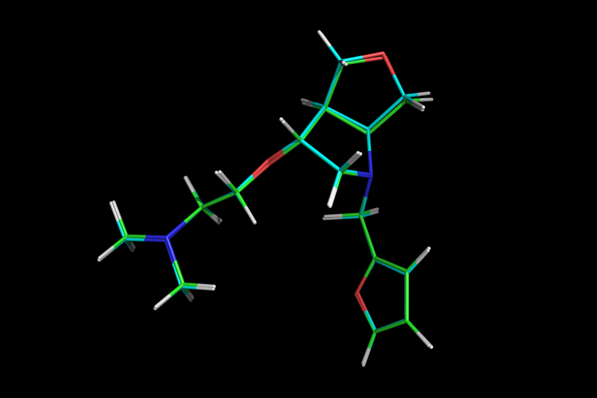 Superposition of QM optimised (green) and MM energy minimised (cyan) structures.<br>Click to toggle size.